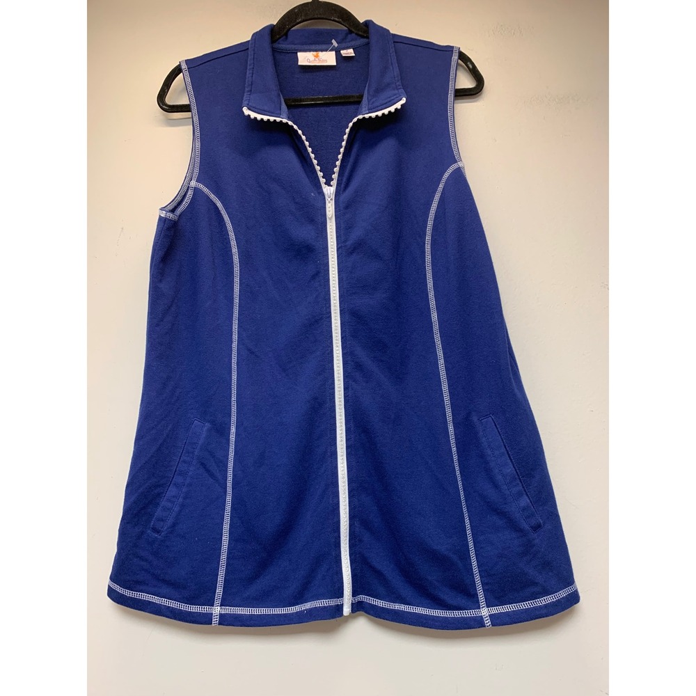 Quacker Factory Sweatshirt Vest Womens Medium Blue Excellent Zip Up Pom Pom Trim